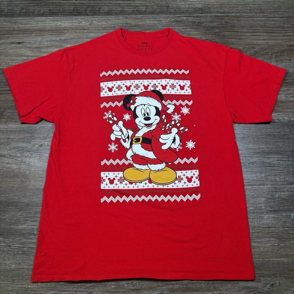Disney Mickey Mouse Christmas Santa Graphic T-Shirt Red Men’s Large Holiday NWOT